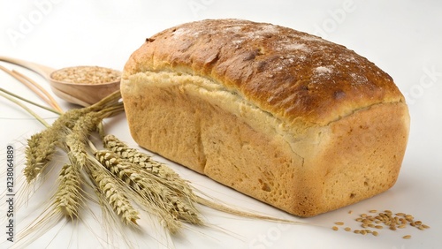 Freshly baked whole grain bread loaf on wooden table with wheat home kitchen cozy environment photo