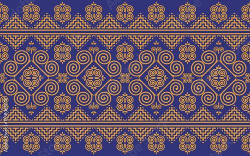 Seamless pattern, Hmong ethnic pattern, gold pattern on dark blue background