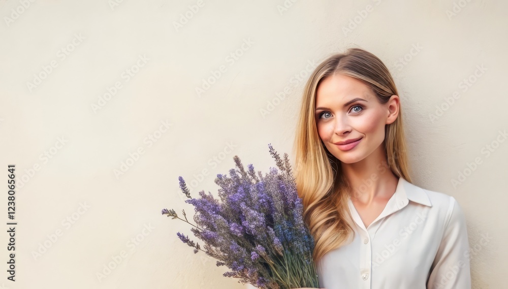 Serene Woman Holding a Small Bouquet of Lavender Against a Simple, Light-Colored Background Serene Woman Holding a Small Bouquet of Lavender Against a Simple, Light-Colored Background