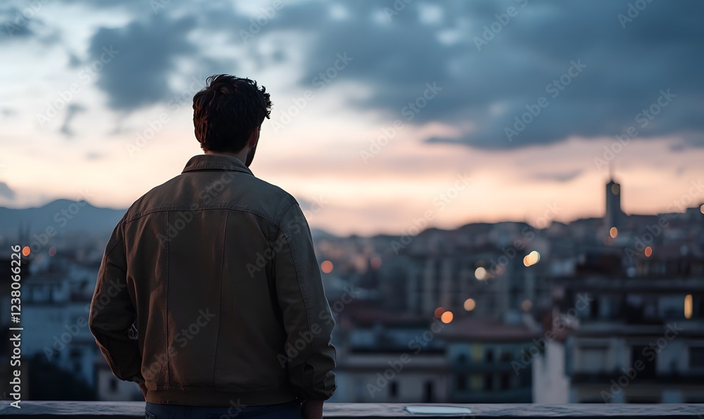 Fototapeta premium a man on a rooftop looking over the city, Generative AI