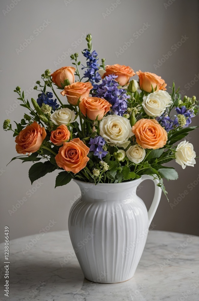 Beautiful floral arrangement in a white vase on a marble table indoors Beautiful floral arrangement in a white vase on a marble table indoors