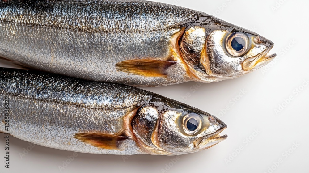Three fresh sprats lying side by side with small gaps in between on a clean white background, highlighting their silver bodies and delicate texture, ideal for culinary use and seafood dishes. Three fresh sprats lying side by side with small gaps in between on a clean white background, highlighting their silver bodies and delicate texture, ideal for culinary use and seafood dishes.