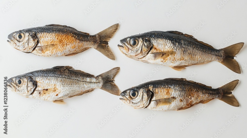 Three fresh sprats lying side by side with small gaps in between on a clean white background, highlighting their silver bodies and delicate texture, ideal for culinary use and seafood dishes. Three fresh sprats lying side by side with small gaps in between on a clean white background, highlighting their silver bodies and delicate texture, ideal for culinary use and seafood dishes.