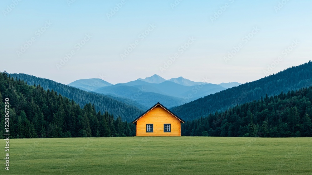 Serene Mountain Cabin Retreat Wooden House in Alpine Meadow Landscape Serene Mountain Cabin Retreat Wooden House in Alpine Meadow Landscape