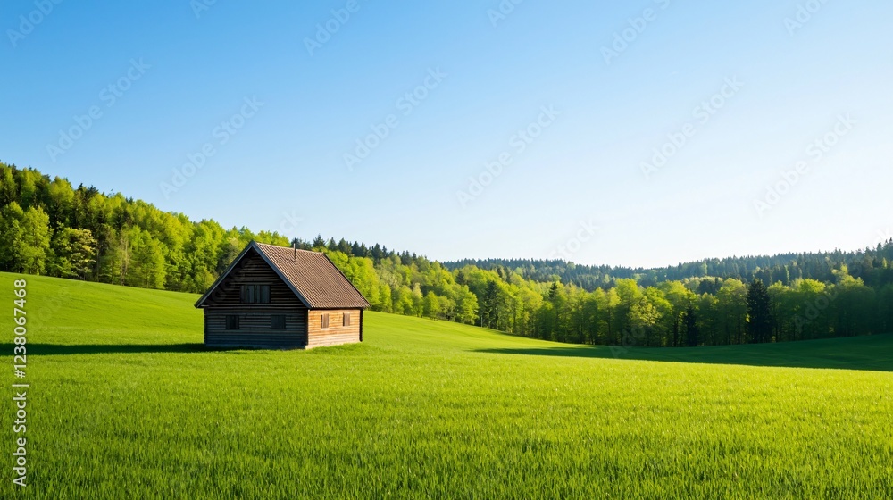 Obraz premium Serene Wooden Cabin in Lush Green Field with Forest Backdrop