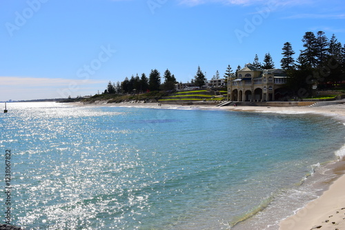 Cottesloe Beach scene in Western AustraliaCottesloe Beach Â  BreakCOTTESLOE,WA,AUSTRALIA-JUNE 7,2022:Indiana Tea House at Cottesloe Beach in Cottesloe,Western Australia. This was during Covid 19 photo