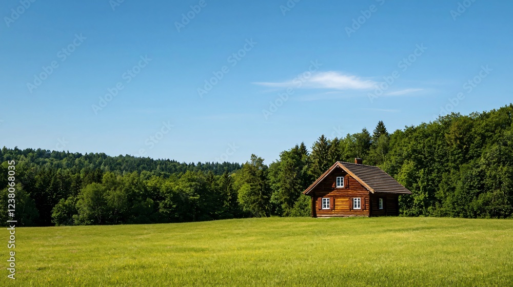 Obraz premium Secluded Wooden Cabin in Lush Green Meadow Sunny Day Forest Background