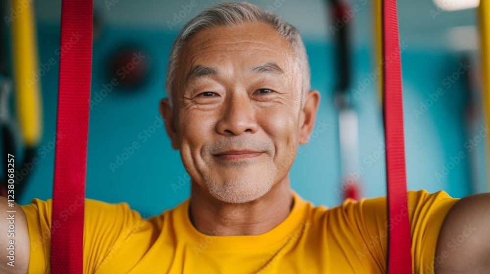 Fototapeta premium Joyful Gym Culture Middle-Aged Asian Man Amidst Vibrant Resistance Bands at Fitness Center Inspiring Sport Imagery for Positive Lifestyle Branding and Wellness Marketing