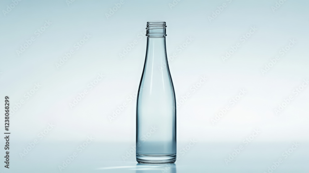 A transparent glass bottle of water standing upright on a white background A transparent glass bottle of water standing upright on a white background