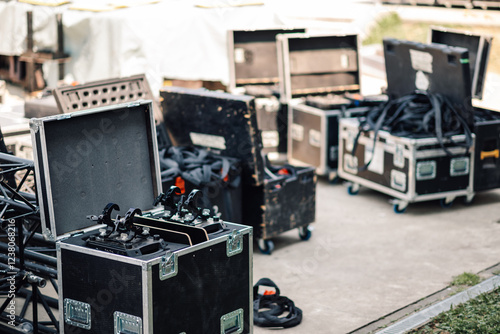 Photos Flight cases with stage lighting equipment are standing on the street