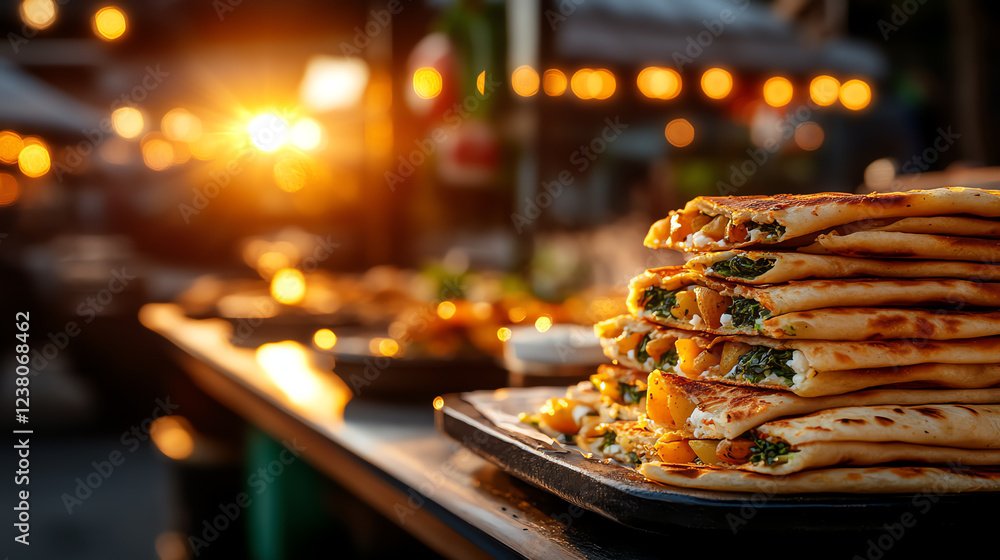 Fototapeta premium Turkish Gozleme flatbread, stuffed with spinach, feta, and spiced potatoes, served with fresh yogurt in a sunny outdoor market, Middle Eastern snacks, cultural charm