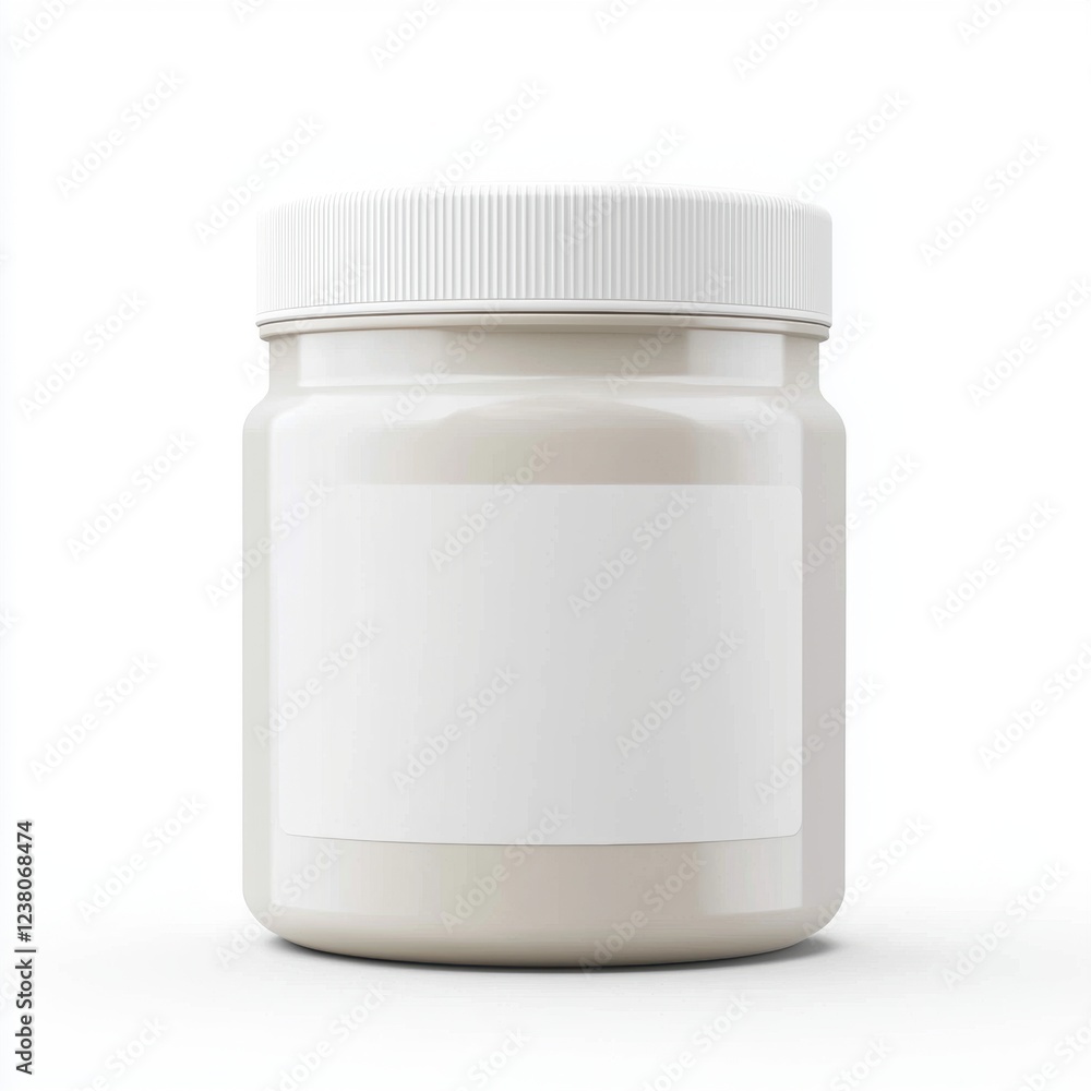 Plastic protein powder jar mockup with a blank matte label, placed on a bright white background Plastic protein powder jar mockup with a blank matte label, placed on a bright white background