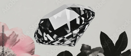 Minimalist collage combining geometric shapes and floral elements with a diamond focal point