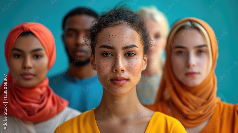 A group of five individuals showcases diversity with distinct hairstyles and colorful clothing in a set against a bright blue backdrop. They express confidence and unity A group of five individuals showcases diversity with distinct hairstyles and colorful clothing in a set against a bright blue backdrop. They express confidence and unity