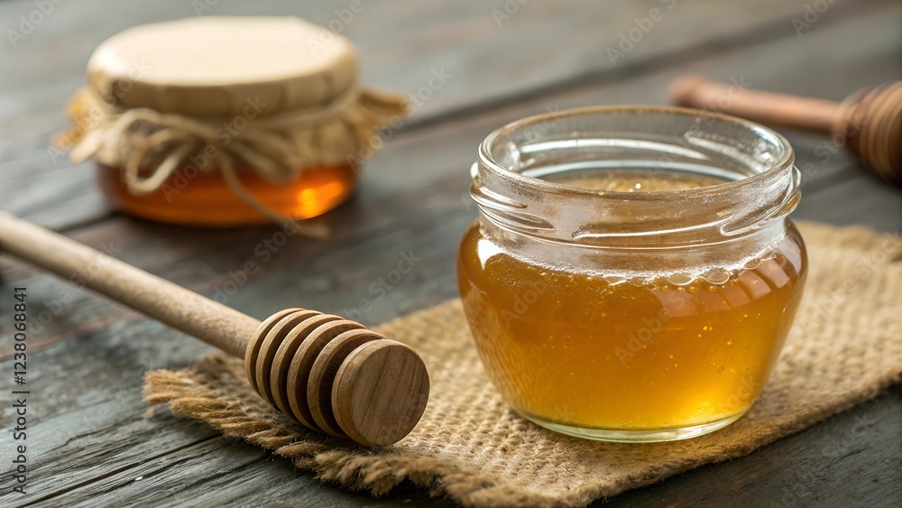 Delicious raw honey jar with wooden dipper rustic kitchen setting natural sweetener Delicious raw honey jar with wooden dipper rustic kitchen setting natural sweetener