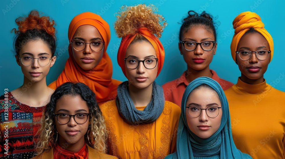 Fototapeta premium International Women's or Galentine's Day. Diversity inclusion equality. Girl express individuality through accessories and hairstyles. International Day of Human Fraternity