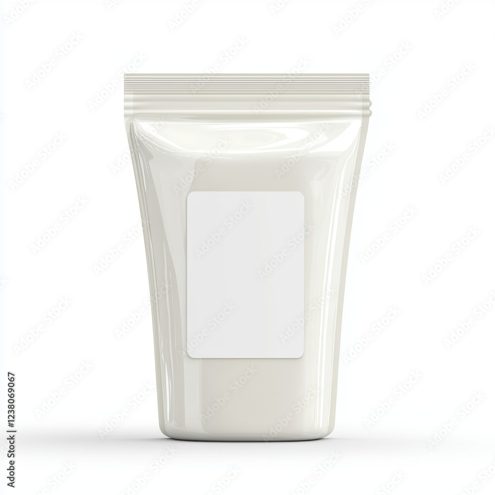 Plastic yogurt pouch mockup with a blank label for branding, placed on a bright white background Plastic yogurt pouch mockup with a blank label for branding, placed on a bright white background