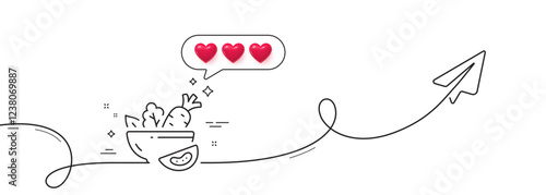 Salad line icon. Continuous line with share plane. Vegetable food sign. Healthy meal symbol. Hearts rate review in speech bubble. Salad single line ribbon. Loop curve pattern. Vector