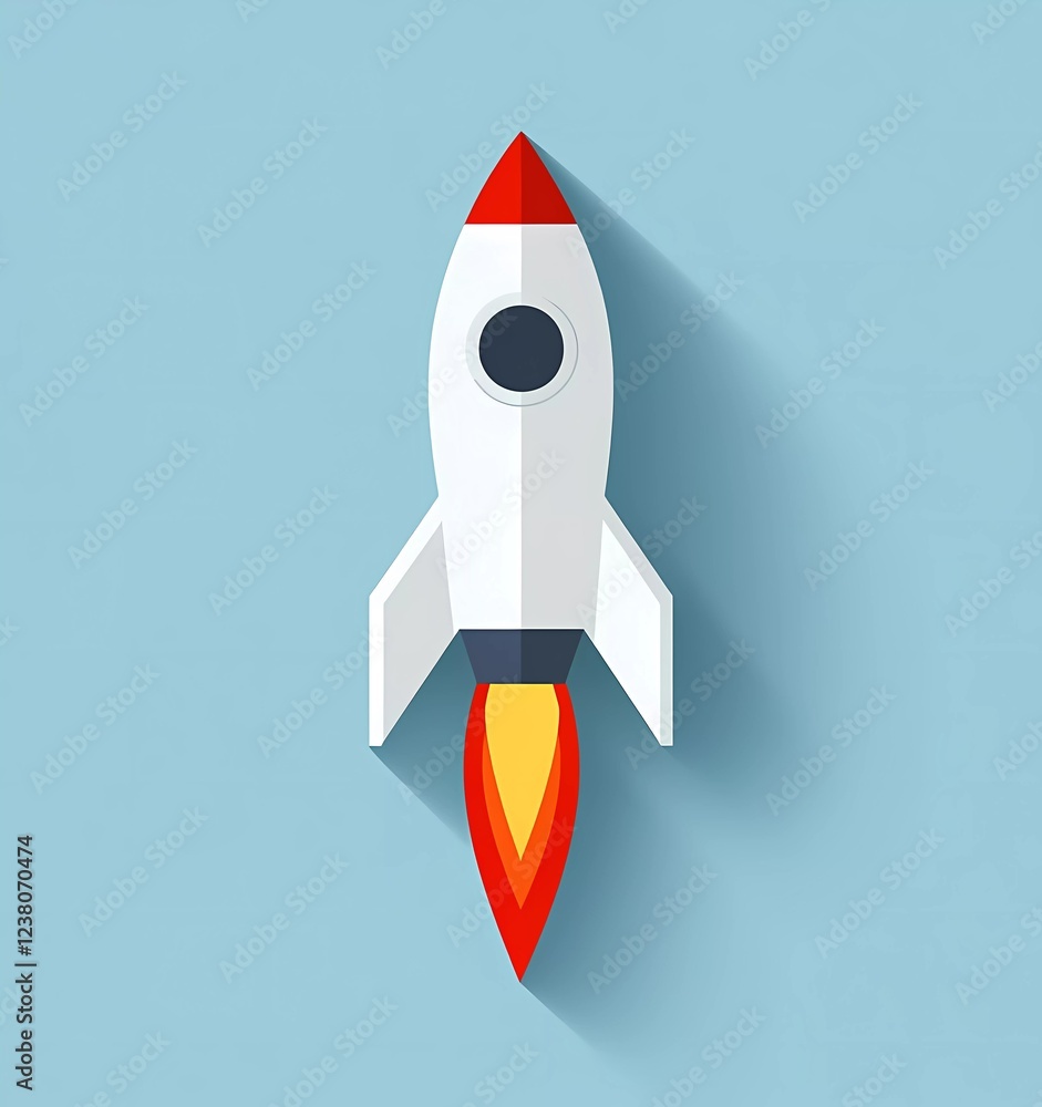 A rocket ship icon in a flat design style with a blue background and a red flame. The top of the spaceship is white in color, with minimalistic, simple shapes.