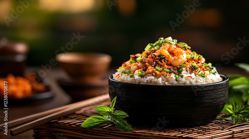 Vietnamese Banh Beo steamed rice cakes, topped with dried shrimp, scallions, and crispy pork, served in a cozy tropical kitchen, Southeast Asian snacks, artisanal charm photo