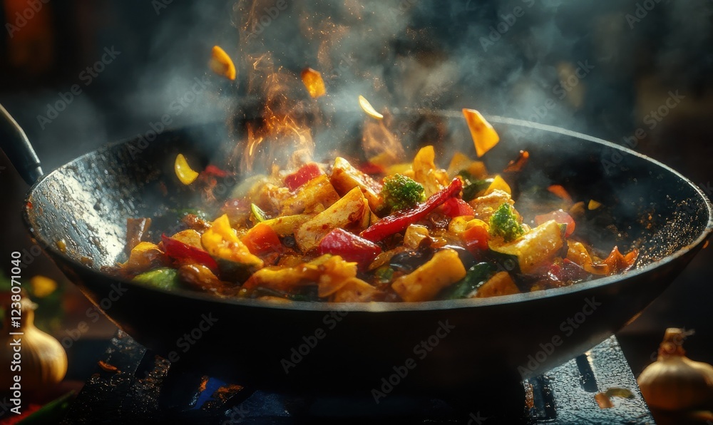 Colorful vegetable stir-fry in a sizzling wok, styled with vibrant spices and fresh ingredients for a dynamic culinary scene Colorful vegetable stir-fry in a sizzling wok, styled with vibrant spices and fresh ingredients for a dynamic culinary scene
