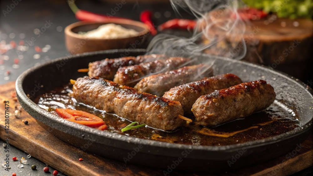 Delicious beef cevapi sizzling on a hot stone plate with aromatic spices and fresh vegetables Delicious beef cevapi sizzling on a hot stone plate with aromatic spices and fresh vegetables