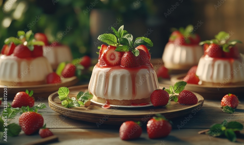 Creamy desserts topped with fresh strawberries and mint leaves on a wooden table, creating a mouthwatering display. Creamy desserts topped with fresh strawberries and mint leaves on a wooden table, creating a mouthwatering display.
