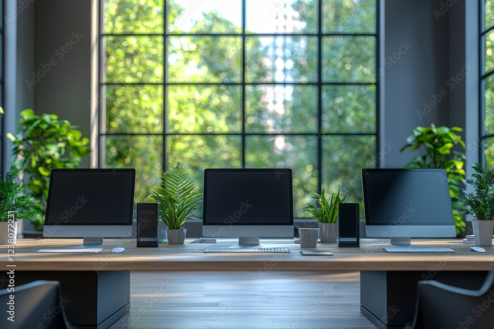 Fototapeta premium Spacious Vacant Corporate Workspace Featuring Desks with Computers by the Window Ideal for Inspiring Productivity and Modern Office Aesthetics