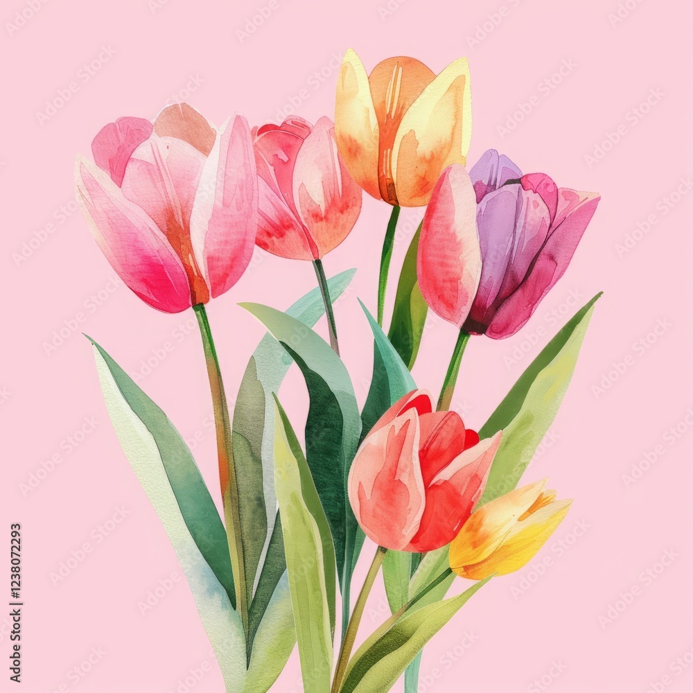 Naklejka premium Watercolor tulip bouquet with space for text.