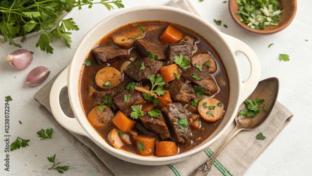 Delicious beef bourguignon served in a traditional ceramic bowl with fresh herbs and vegetables Delicious beef bourguignon served in a traditional ceramic bowl with fresh herbs and vegetables