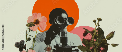 Minimalist collage featuring a scientist observing through a microscope with floral elements