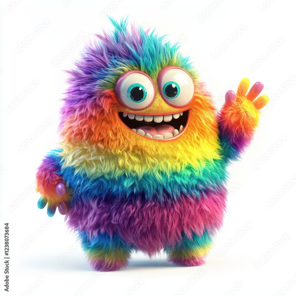 Rainbow-striped monster with soft fluffy fur and a friendly wave, placed on a bright white background Rainbow-striped monster with soft fluffy fur and a friendly wave, placed on a bright white background