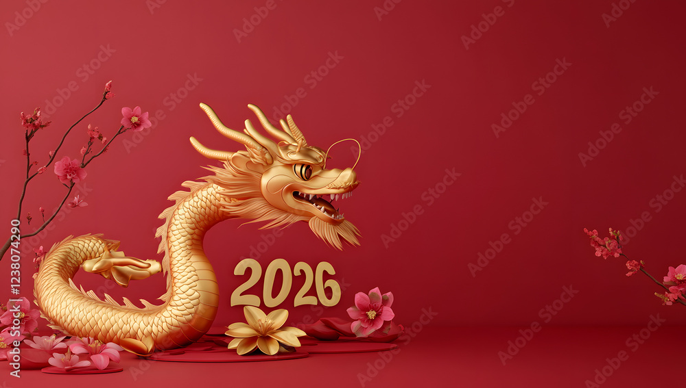 Fototapeta premium golden numbers 2026 on a red background, with Chinese dragon elements surrounding the numbers