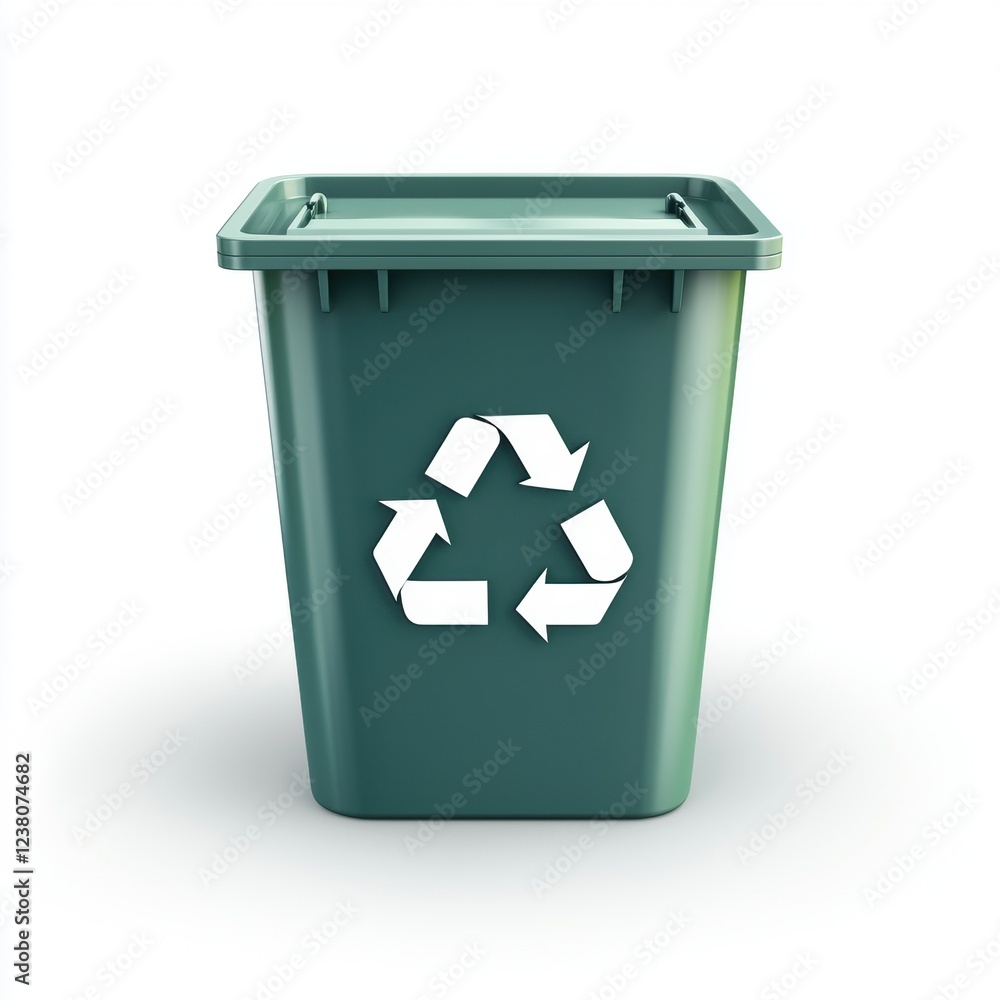 Recycling bin with arrows forming a sustainability symbol, centered on a clean white background Recycling bin with arrows forming a sustainability symbol, centered on a clean white background