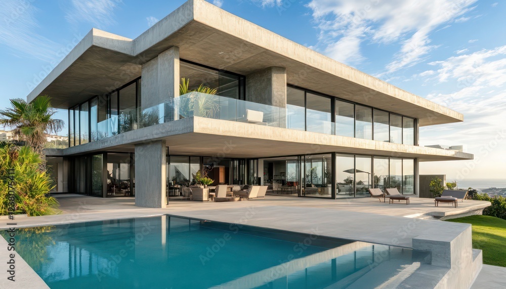 Modern concrete villa with large glass panels swimming pool and wide open terrace with panoramic views Modern concrete villa with large glass panels swimming pool and wide open terrace with panoramic views