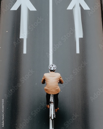 Modern Urban Cycling Aerial View of Cyclist on Asphalt Path in Minimalist Cityscape - Active Transportation Solution for Sustainable Commutes and Eco-Friendly Urban Planning photo