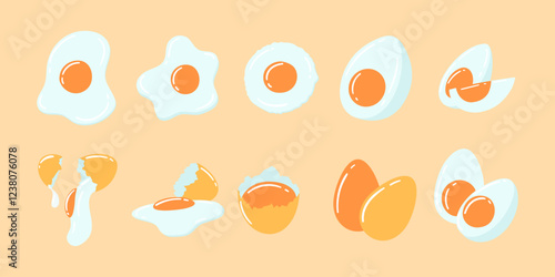 A delightful cartoon illustration of diverse egg preparations, including sunny-side up, hard-boiled, peeled, and cracked raw eggs, ideal for culinary and breakfast concepts