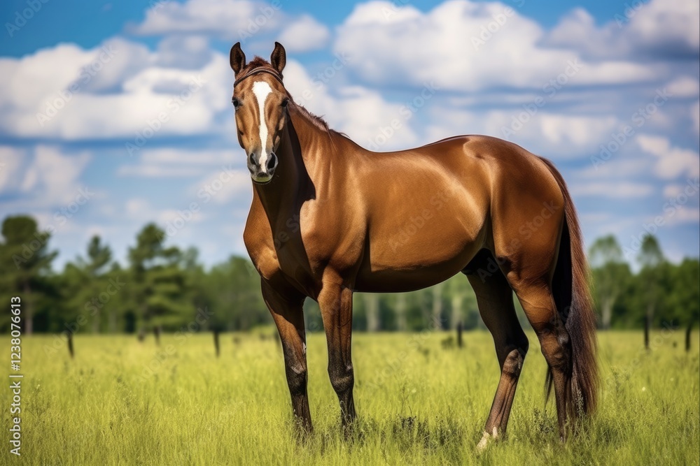 Obraz premium Thoroughbred Horse Grazing in Beautiful Green Pasture. Picture Perfect Equine Industry Mammal for Race, Show, Exhibition and Farm Fields