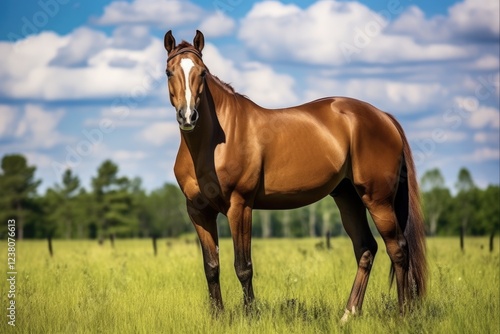 Thoroughbred Horse Grazing in Beautiful Green Pasture. Picture Perfect Equine Industry Mammal for Race, Show, Exhibition and Farm Fields photo