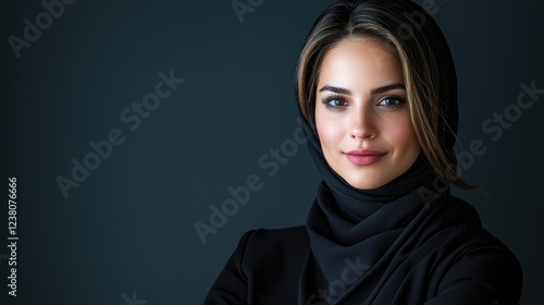 Confident woman, hijab, dark background, portrait, business