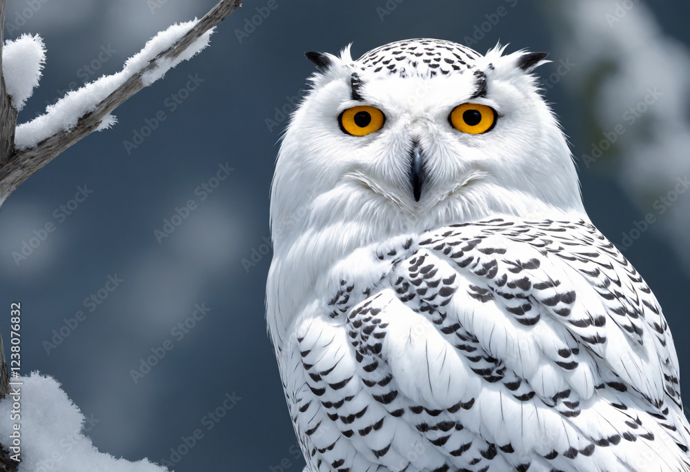 Fototapeta premium Majestic snowy owl perched on a branch in a snowy landscape with striking yellow eyes