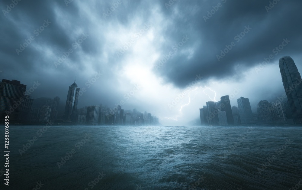 A panoramic view of Hong Kong’s Victoria Harbour as an enormous tidal wave approaches the skyline. A panoramic view of Hong Kong’s Victoria Harbour as an enormous tidal wave approaches the skyline.