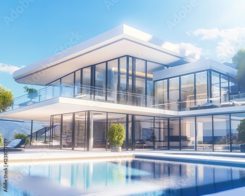 Modern sleek villa with large glass walls infinity pool and balcony under bright sunny weather