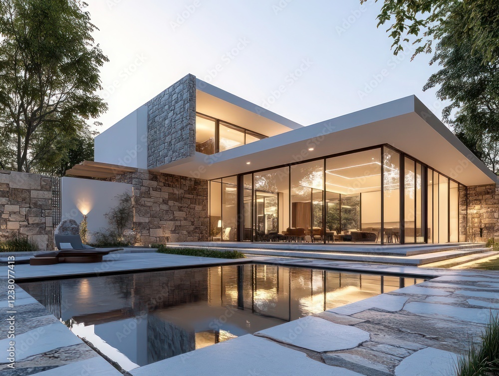 Fototapeta premium Modern villa exterior with stone pool area minimalist design and sleek glass terrace under soft sunlight