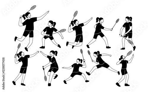 Collection of diverse action poses featuring a female badminton player, illustrating dynamic movement, agility, and competitive spirit in sports activity