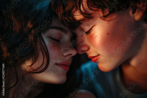 Tender-hearted teens lost in a dreamy moment shyly yearning for a romantic kiss in the shadows capturing the essence of youthful love and innocence photo