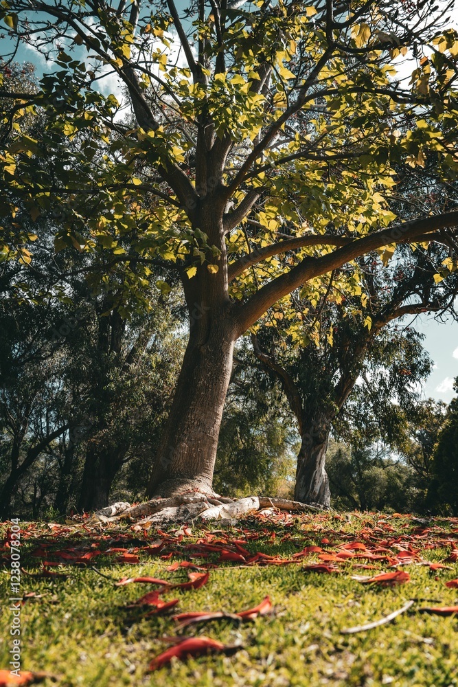 Naklejka premium Scenic tree with lush leaves and red petals.