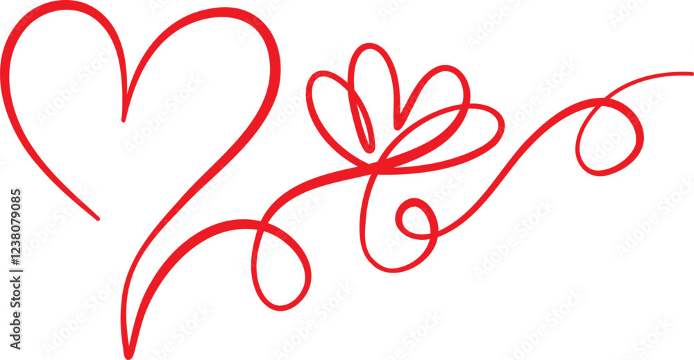 Red heart linear flourish with floral decoration, valentine vector border design