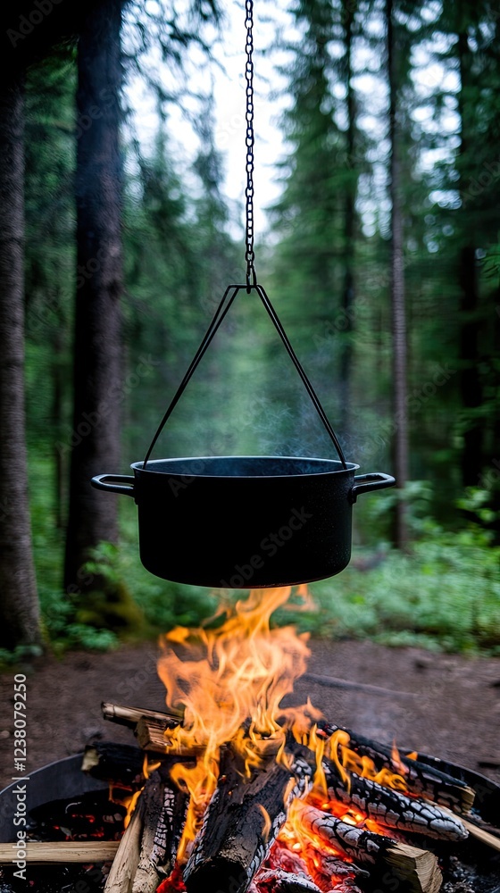 A black cast-iron pot simmers on a metal stand over a crackling campfire in a serene forest, perfect for outdoor cooking A black cast-iron pot simmers on a metal stand over a crackling campfire in a serene forest, perfect for outdoor cooking