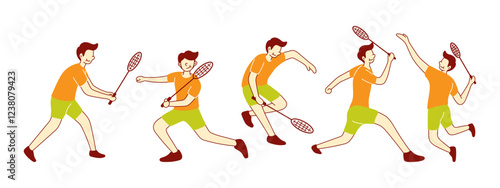 Dynamic illustration sequence of a male badminton player in various active poses, showcasing different strokes and movements during a game, perfect for sports visuals and athletic concepts